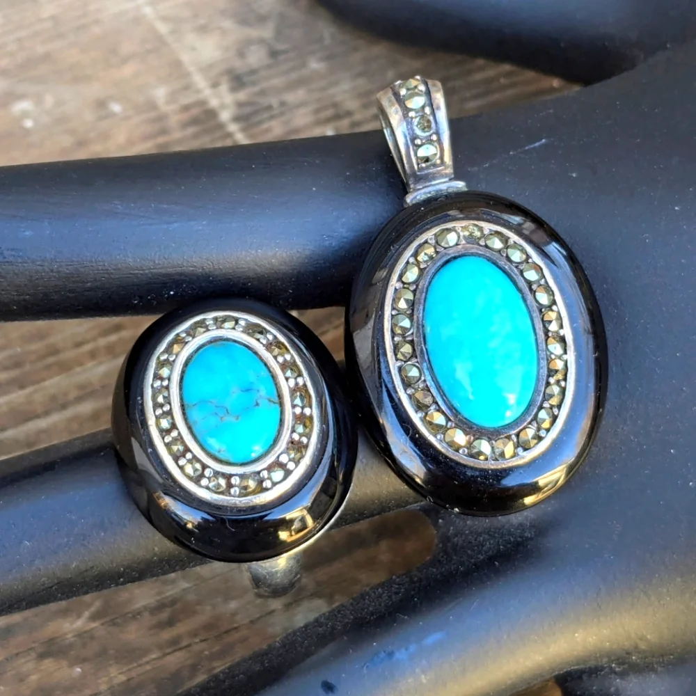 Turquoise and Marcasite Cocktail Ring Pendant Set - Picture 1 of 9